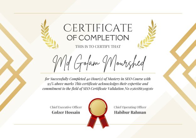 Certificate Image For Golam Mourshed Portfolio Website