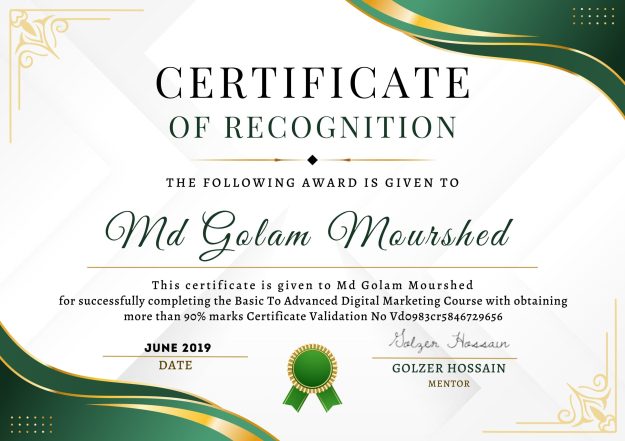 Certificate Image For Golam Mourshed Portfolio Website