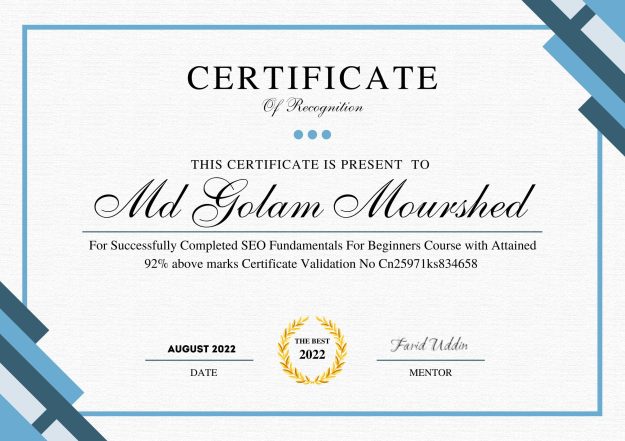 Certificate Image For Golam Mourshed Portfolio Website